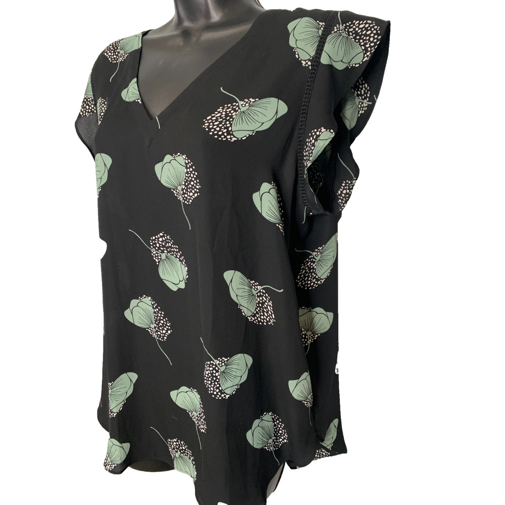 Loft Outlet Women's Large Black V-Neck Olive Green Floral Short Sleeve Blouse - Picture 4 of 7
